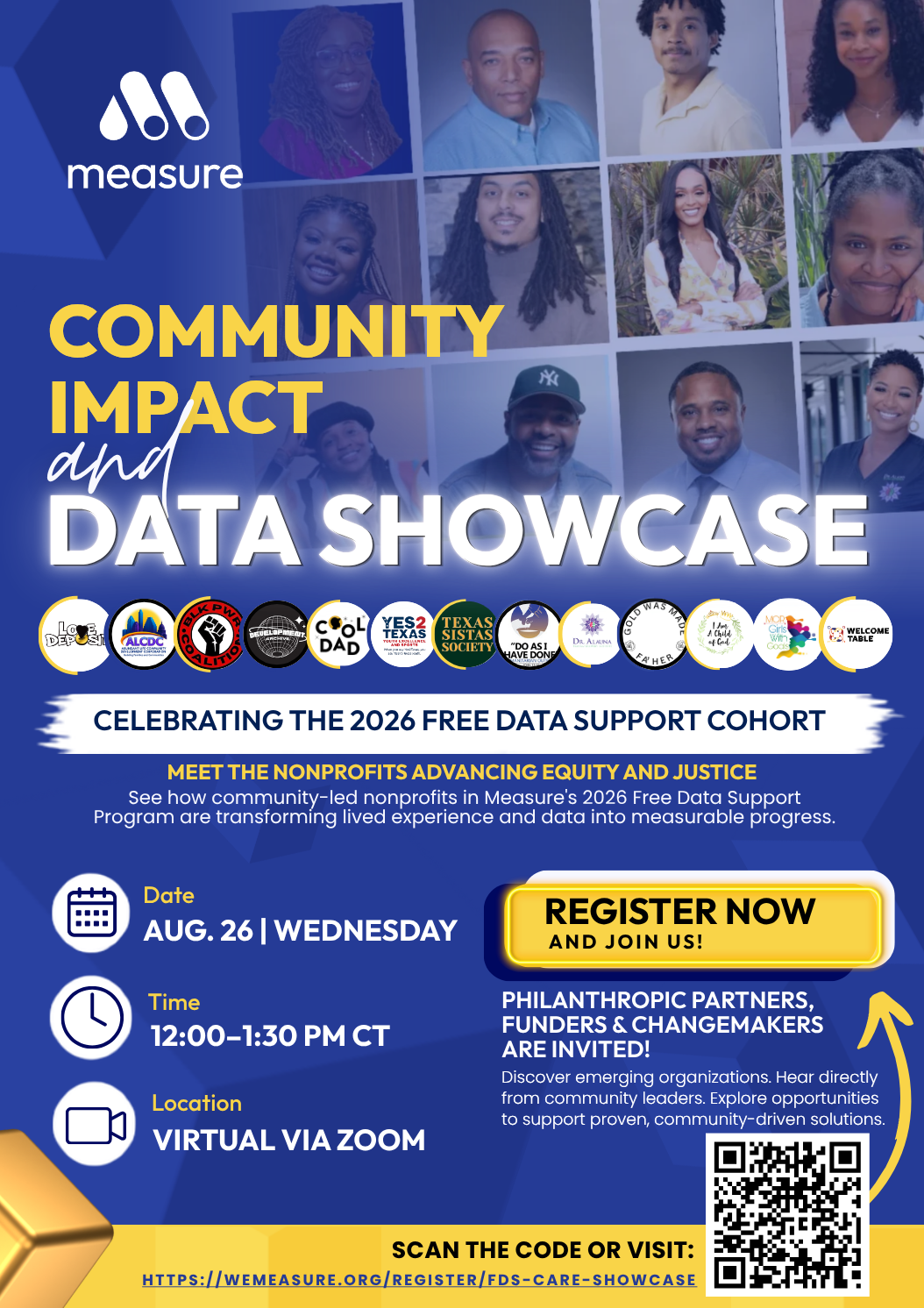 Community Impact and Data Showcase — August 26, 2026, 12:00–1:30 PM CT, virtual via Zoom. Celebrating the 2026 Free Data Support Cohort.