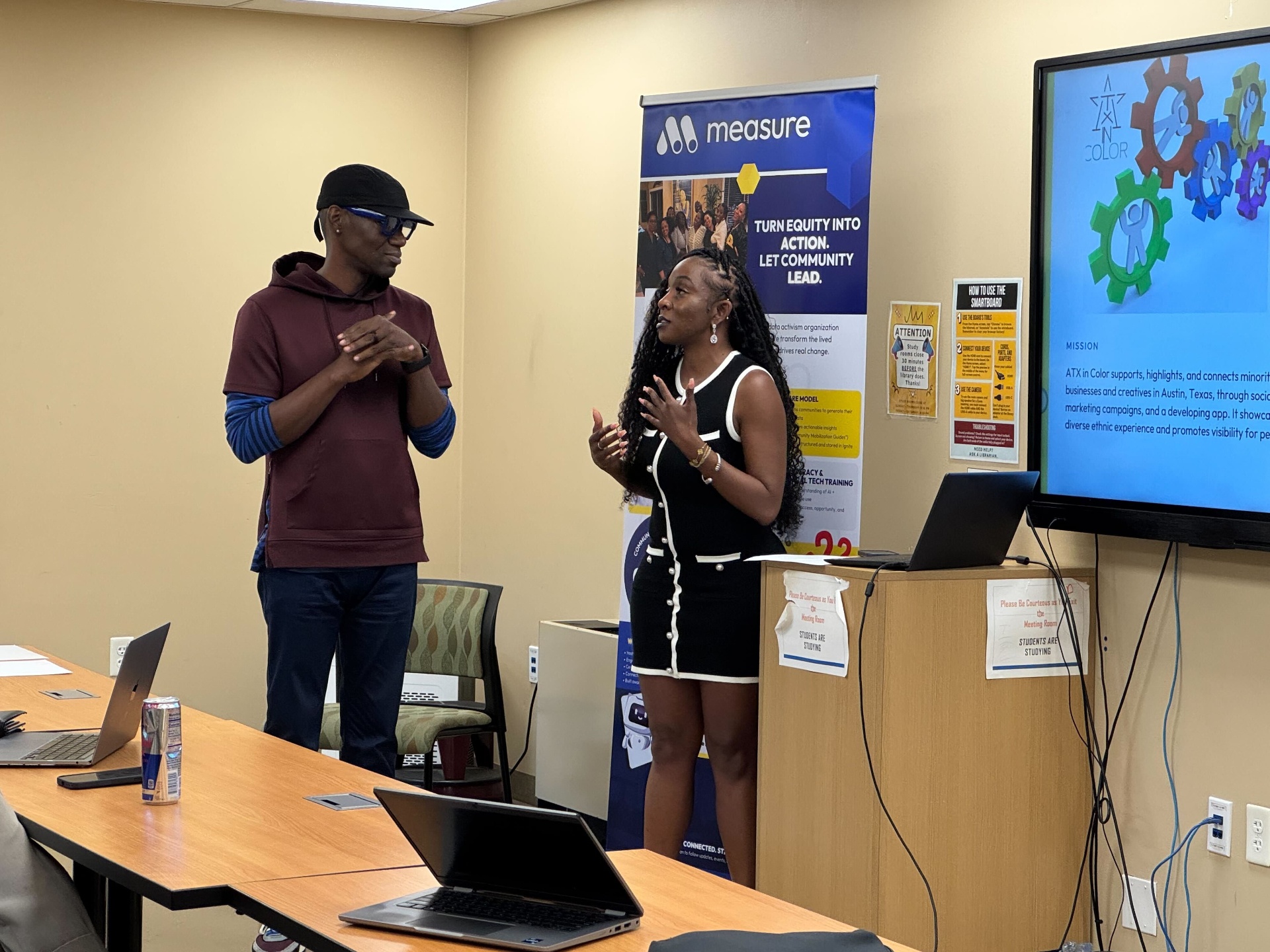 Measure founder Meme Styles presenting at a community event