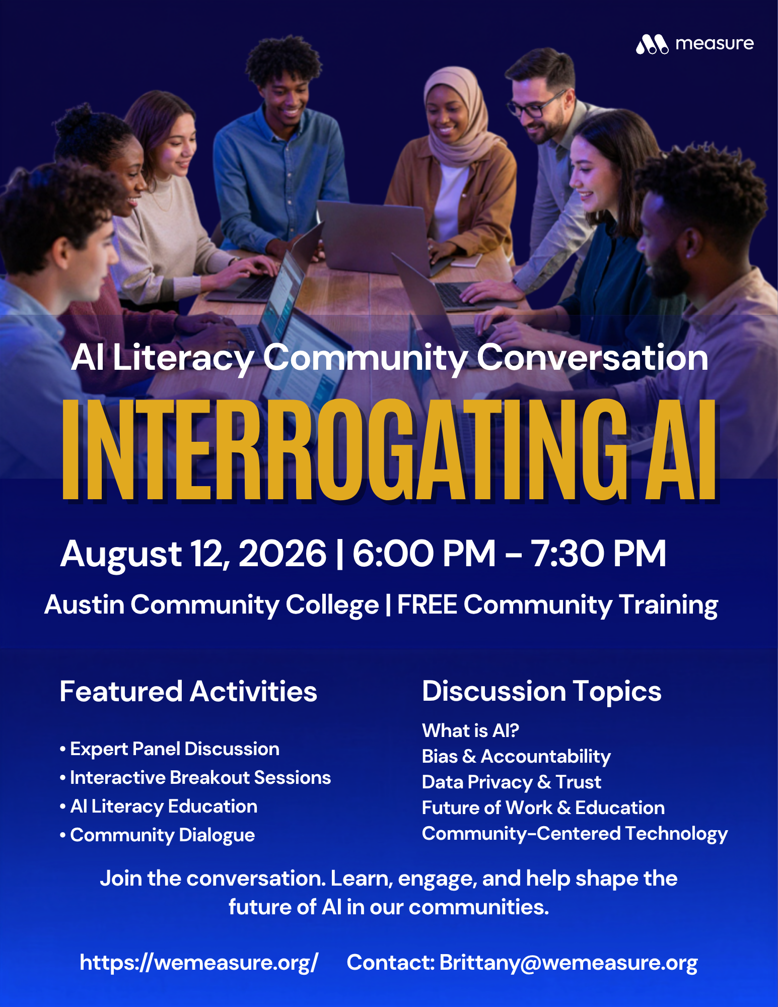 Interrogating AI — AI Literacy Community Conversation flyer