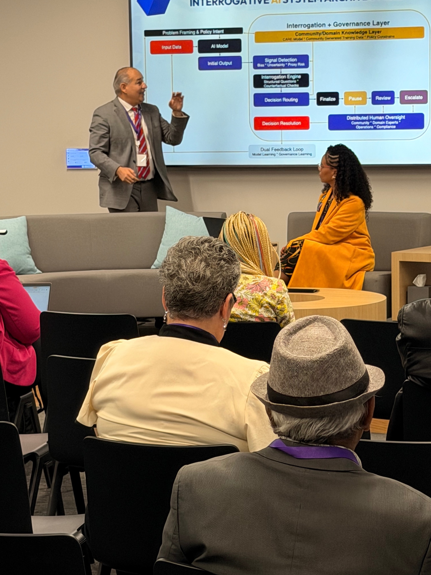 Community members in a facilitated dialogue, with abstract neural connections symbolizing AI literacy work