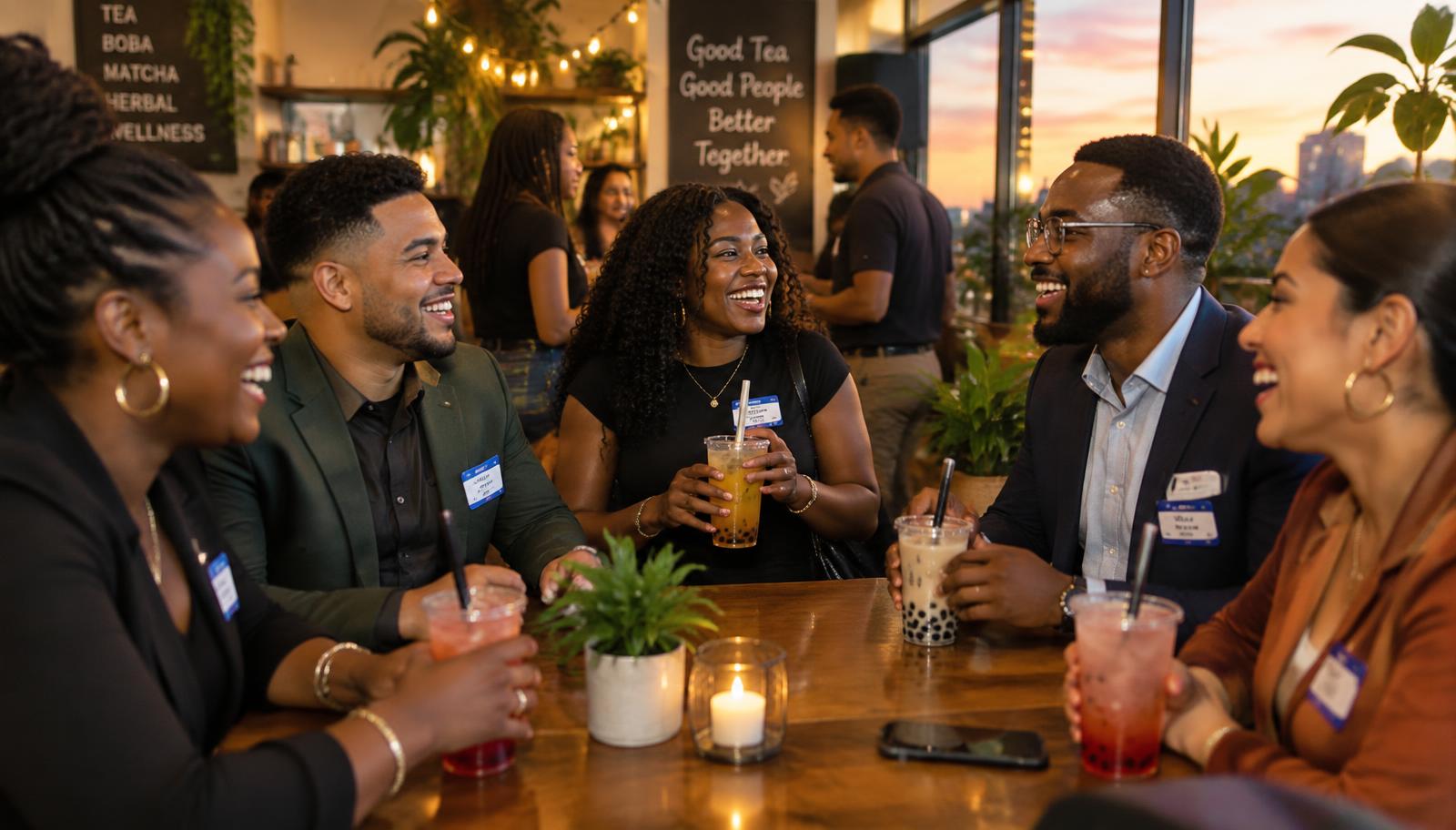 Friends laughing together over drinks at a tea house happy hour